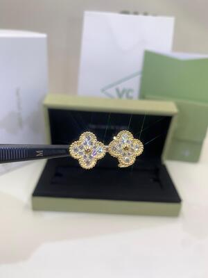 Hoa tai Kẹp vừa Alhambra cổ điển Vàng trắng 18K Mẹ ngọc trai VS kim cương